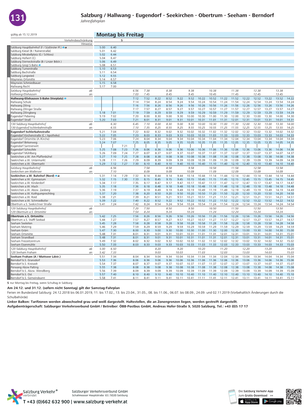 Salzburg / Hallwang - Eugendorf - Seekirchen - Obertrum - Seeham - Berndorf 131 Jahresfahrplan