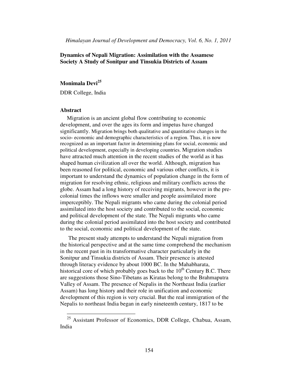 Dynamics of Nepali Migration: Assimilation with the Assamese Society a Study of Sonitpur and Tinsukia Districts of Assam