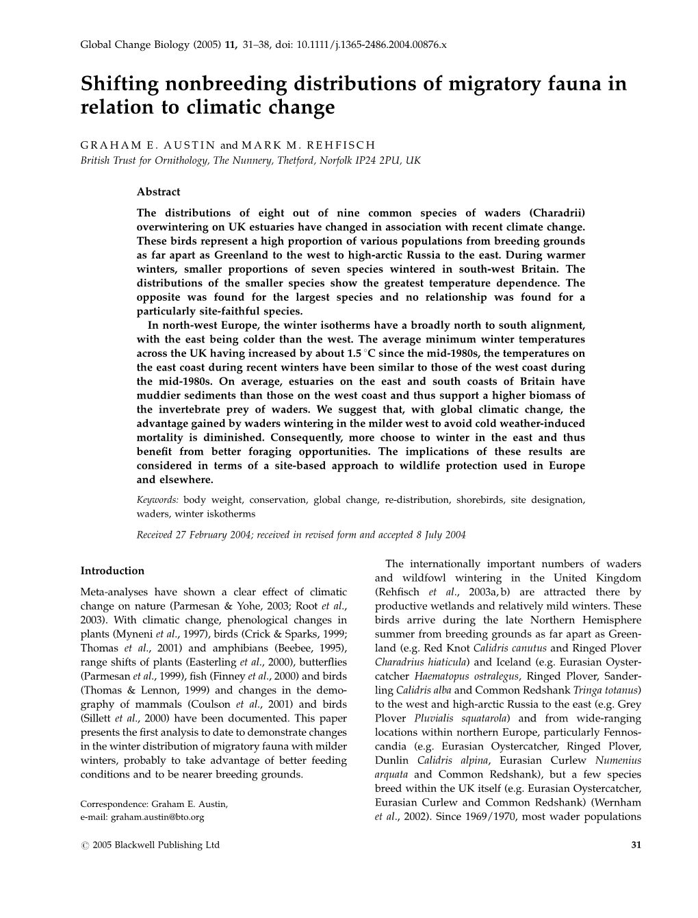 Shifting Nonbreeding Distributions of Migratory Fauna in Relation to Climatic Change