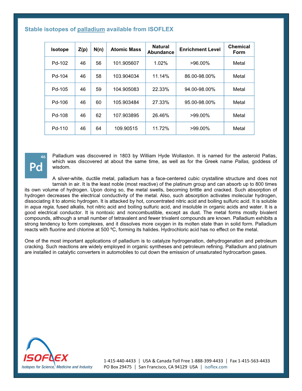 Stable Isotopes of Palladium Available from ISOFLEX