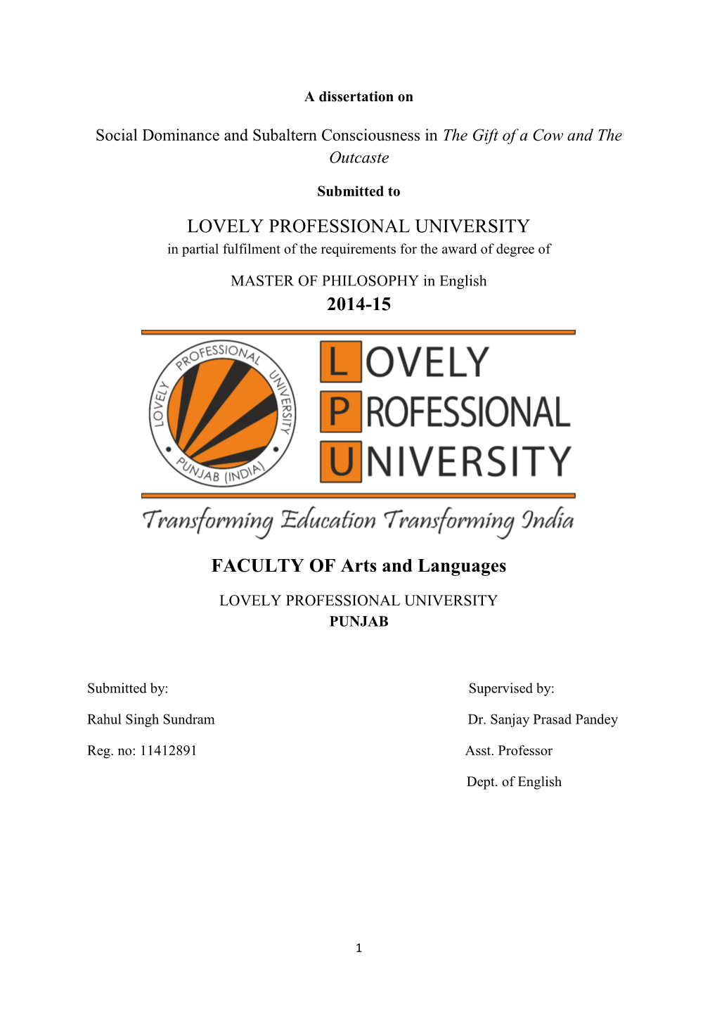 LOVELY PROFESSIONAL UNIVERSITY 2014-15 FACULTY of Arts and Languages