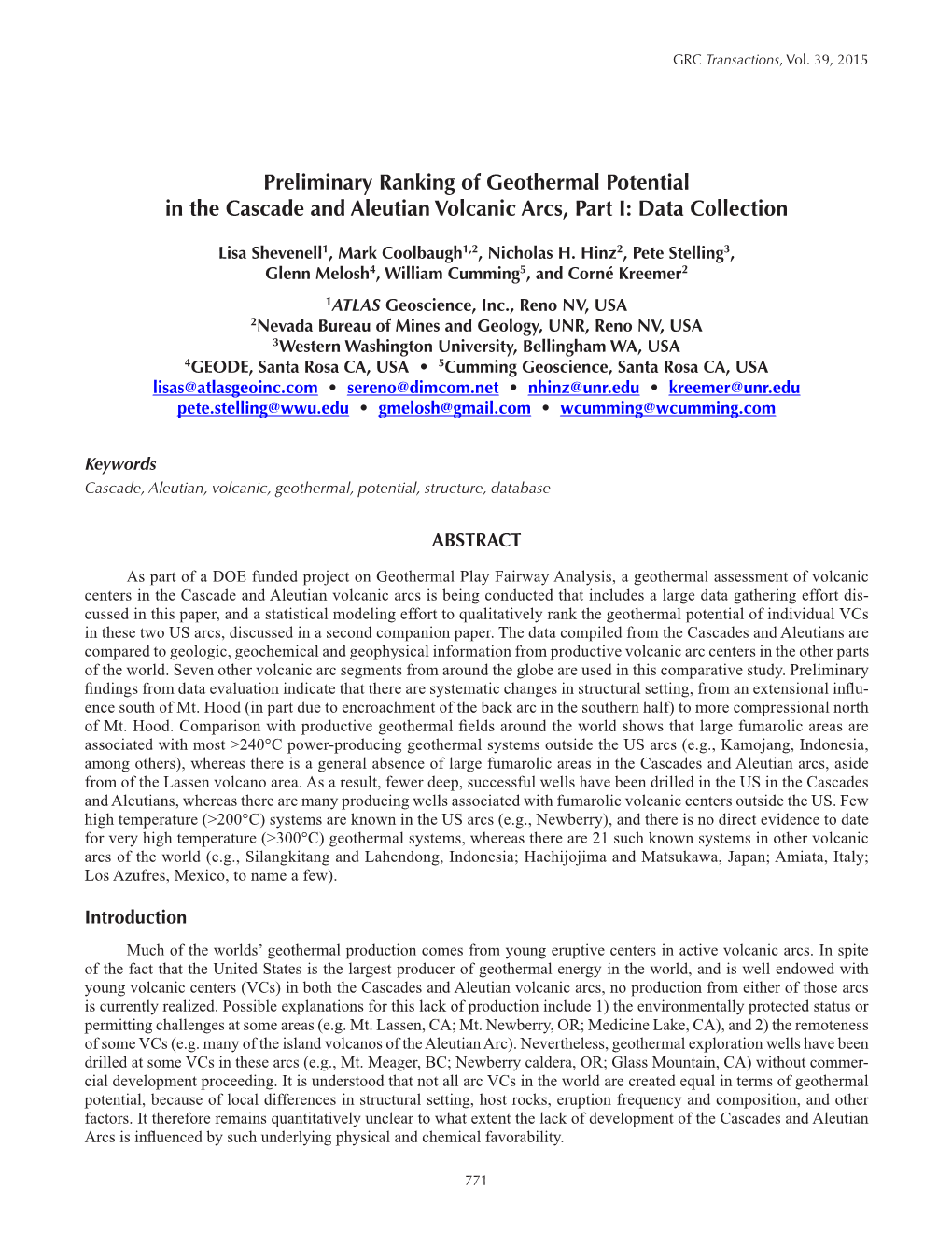 Preliminary Ranking of Geothermal Potential in the Cascade and Aleutian Volcanic Arcs, Part I: Data Collection