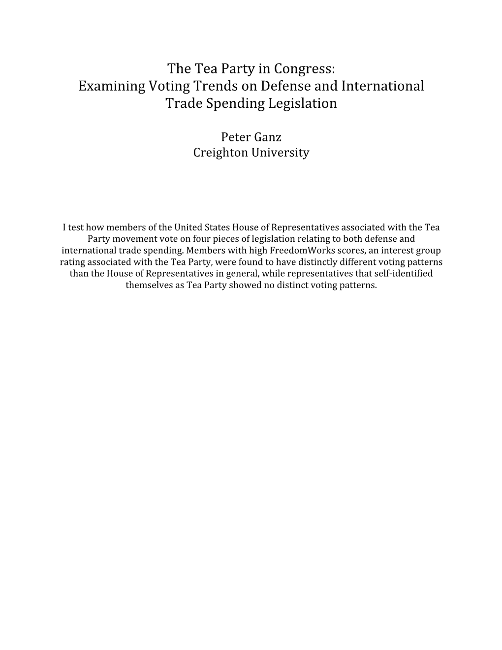 The Tea Party in Congress: Examining Voting Trends on Defense and International Trade Spending Legislation