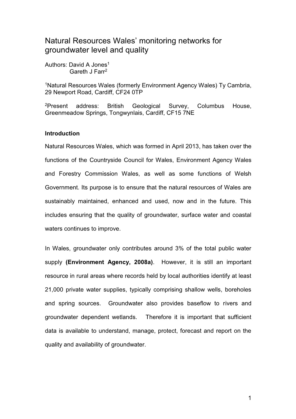 Groundwater Level and Quality Monitoring in Wales: An