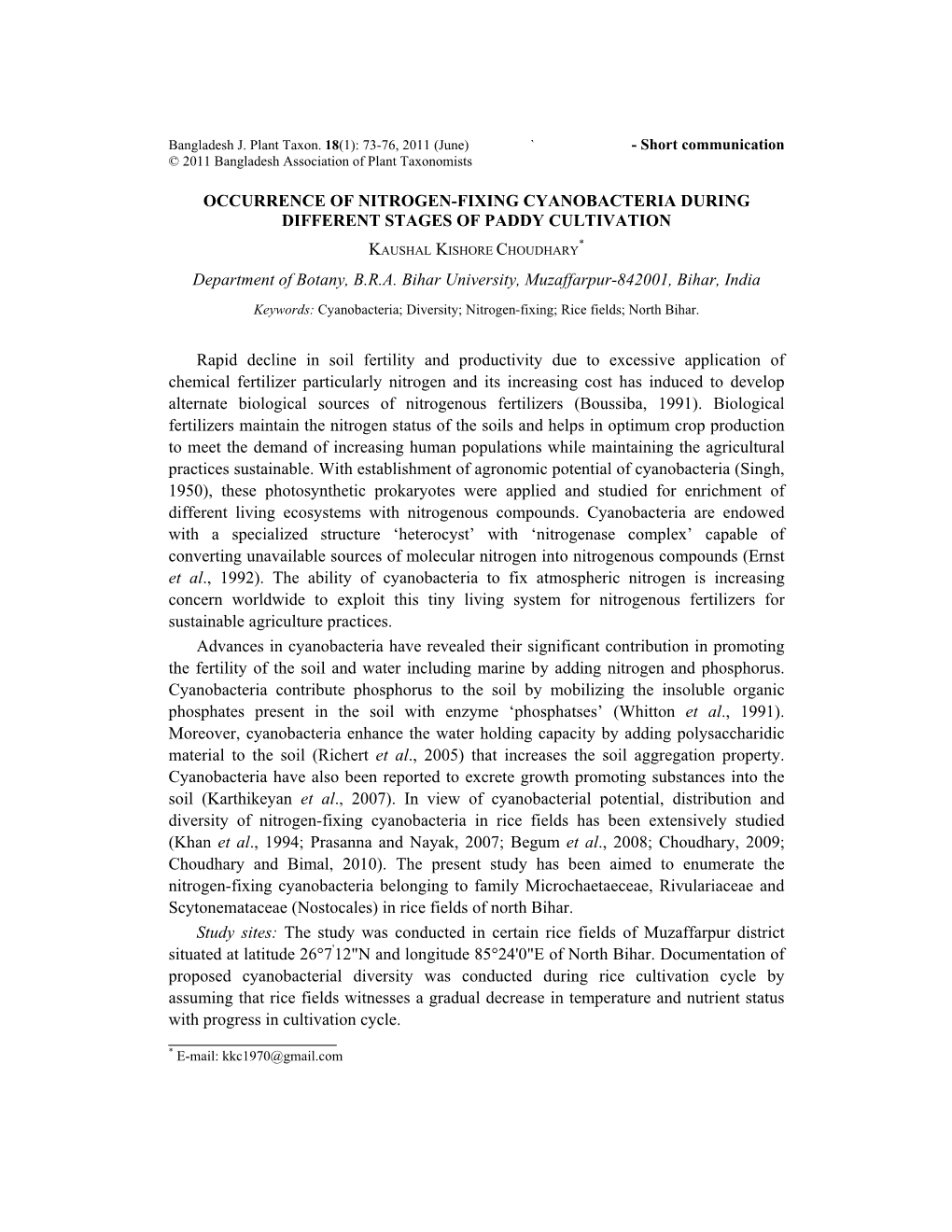 Occurrence of Nitrogen-Fixing Cyanobacteria During Different Stages of Paddy Cultivation