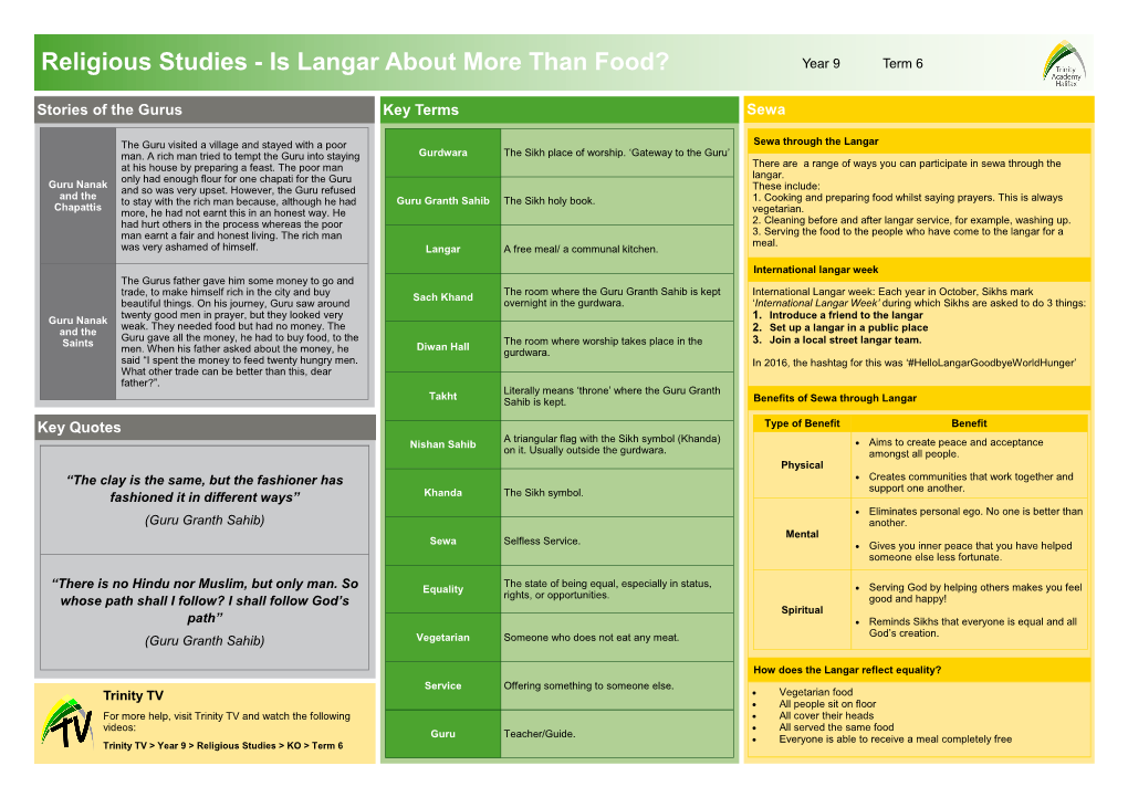 Religious Studies - Is Langar About More Than Food? Year 9 Term 6