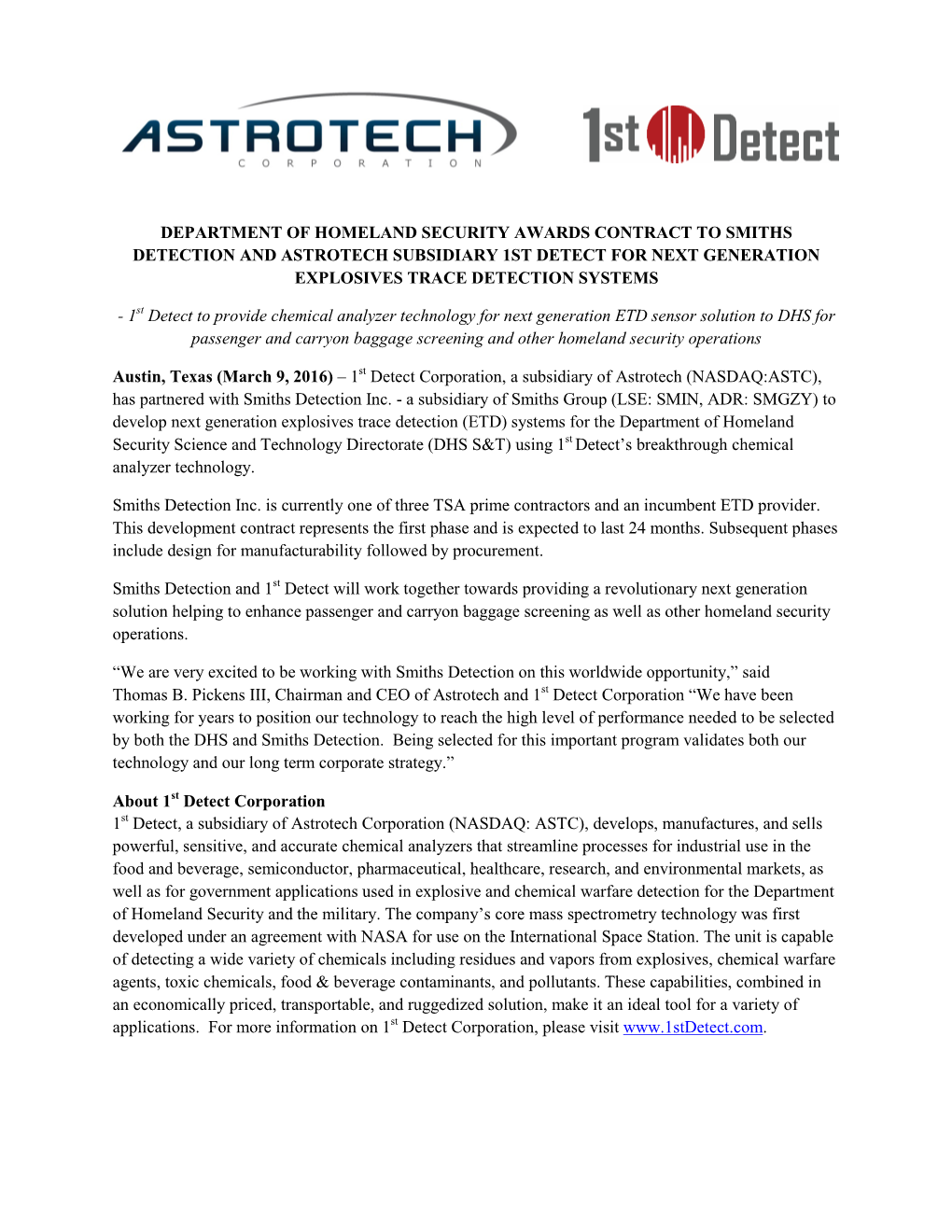 Department of Homeland Security Awards Contract to Smiths Detection and Astrotech Subsidiary 1St Detect for Next Generation Explosives Trace Detection Systems