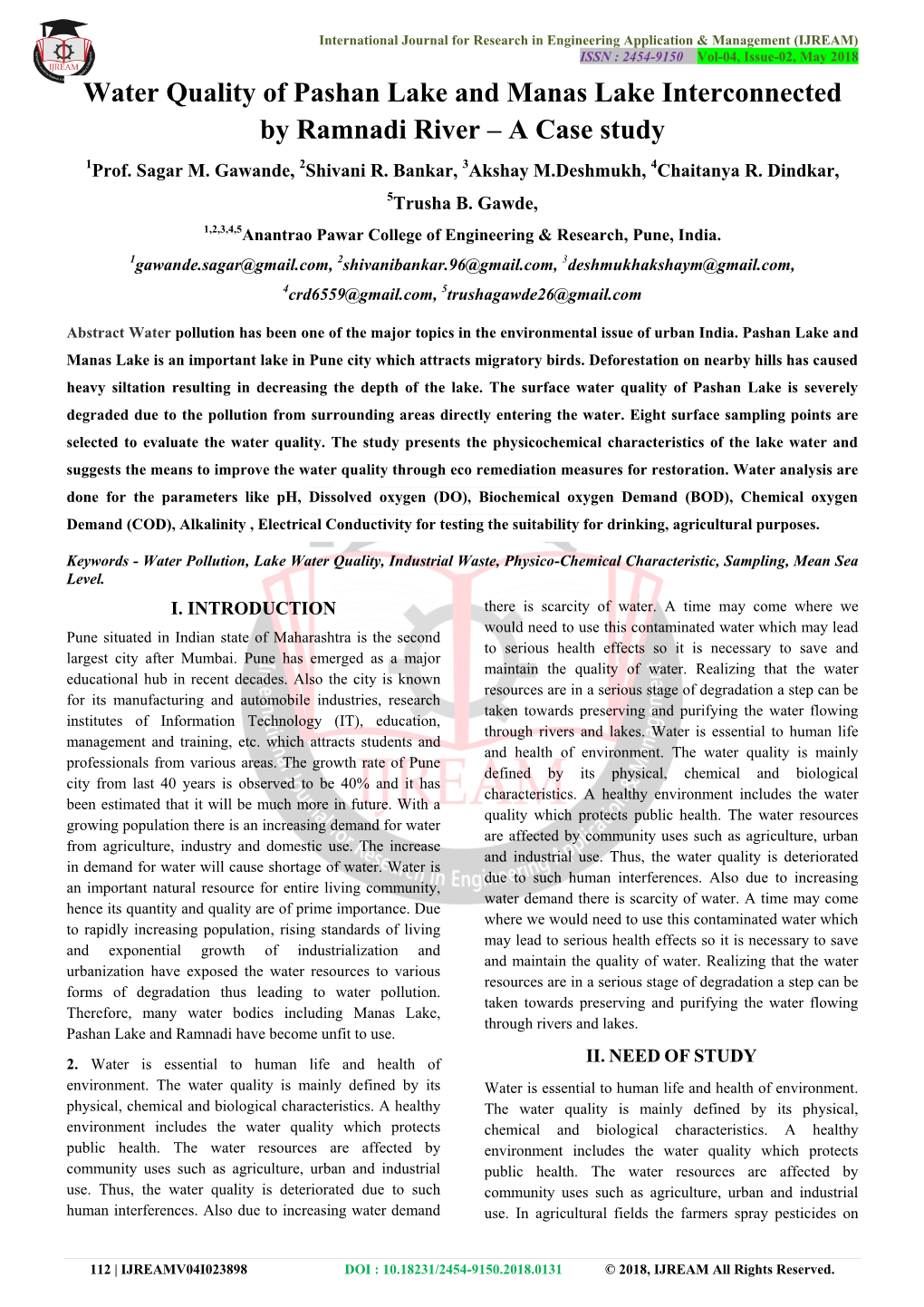 Water Quality of Pashan Lake and Manas Lake Interconnected by Ramnadi River – a Case Study 1Prof