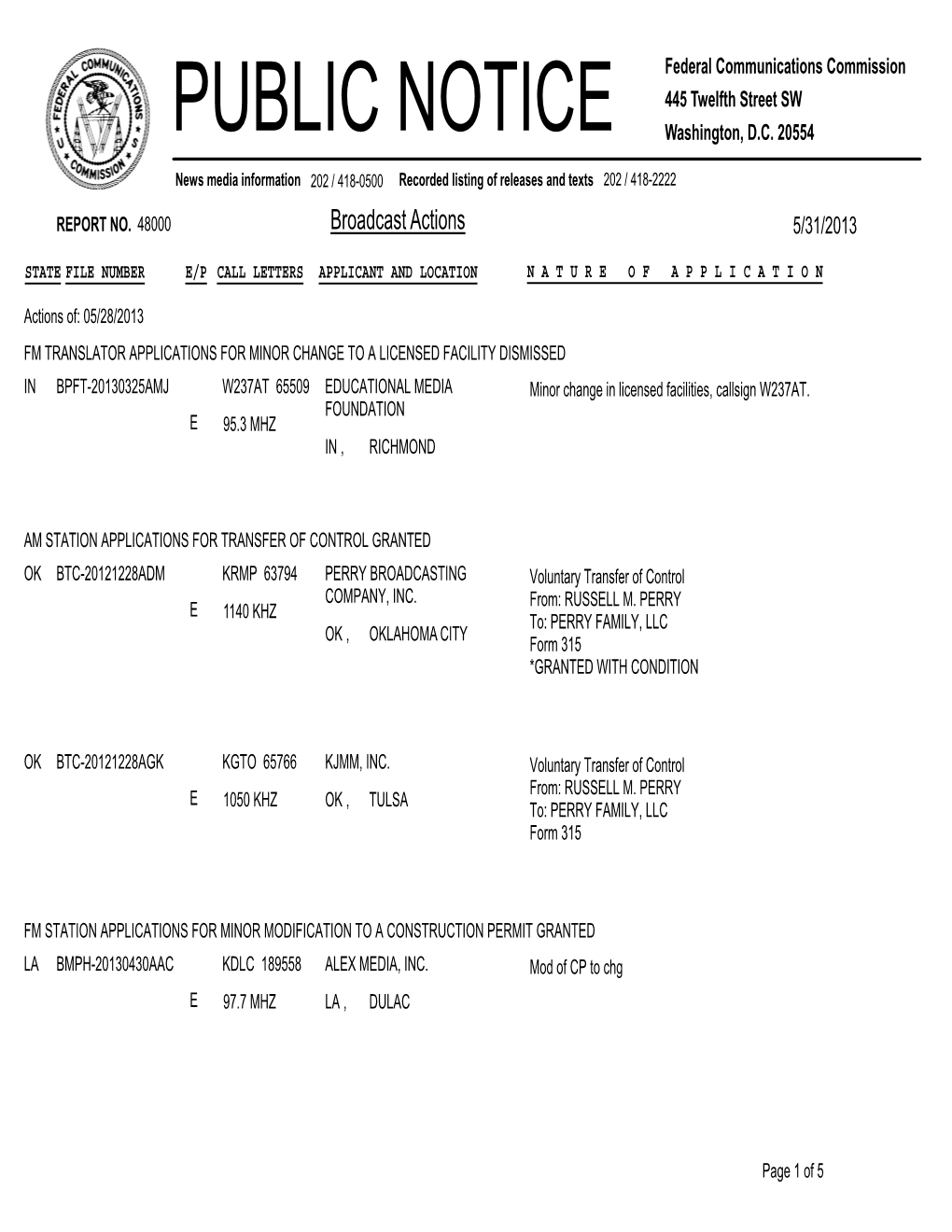 Broadcast Actions 5/31/2013