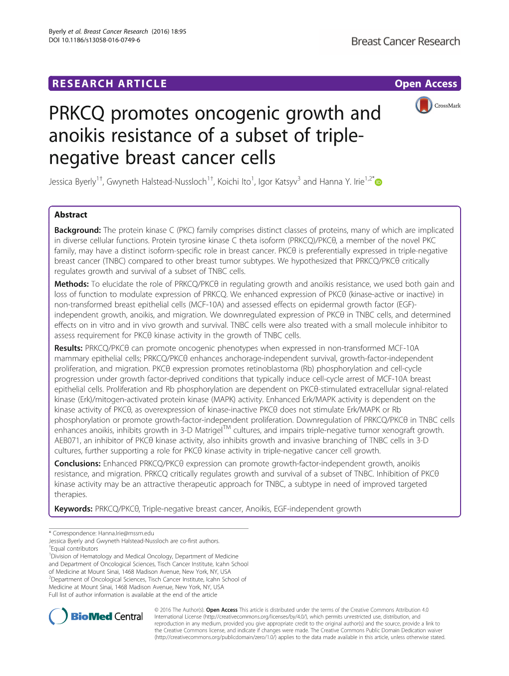 PRKCQ Promotes Oncogenic Growth and Anoikis Resistance of a Subset