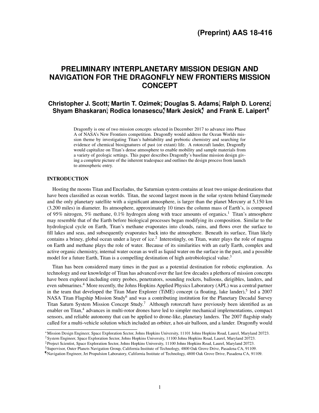 (Preprint) AAS 18-416 PRELIMINARY INTERPLANETARY MISSION