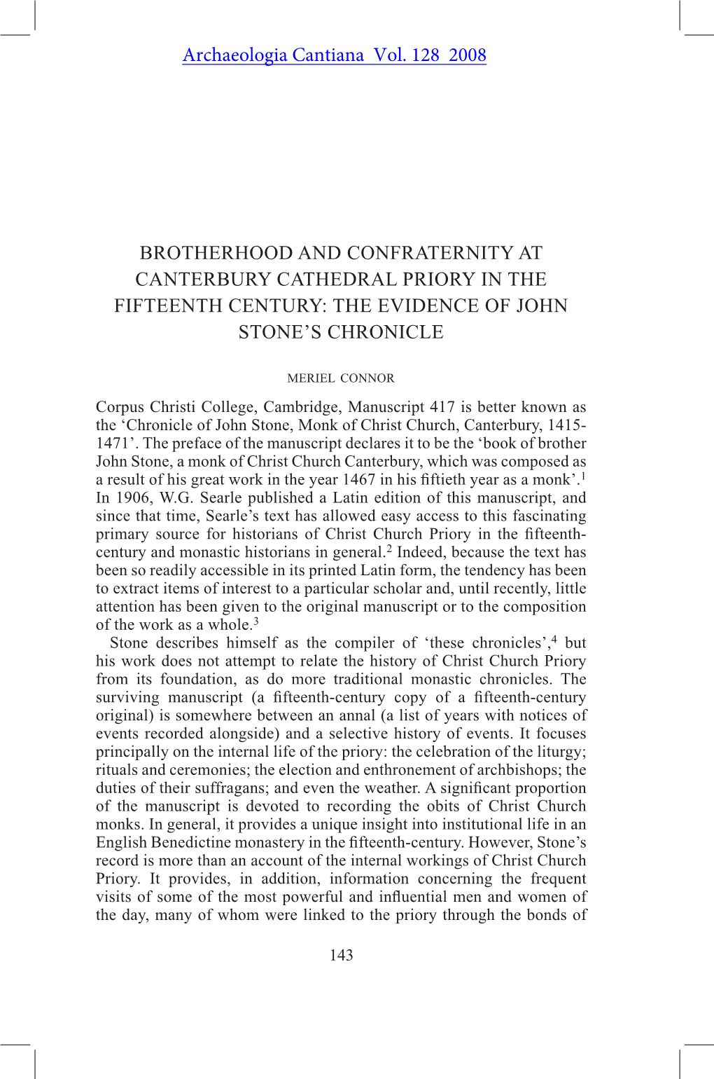 Brotherhood and Confraternity at Canterbury Cathedral Priory in the Fifteenth Century: the Evidence of John Stone’S Chronicle