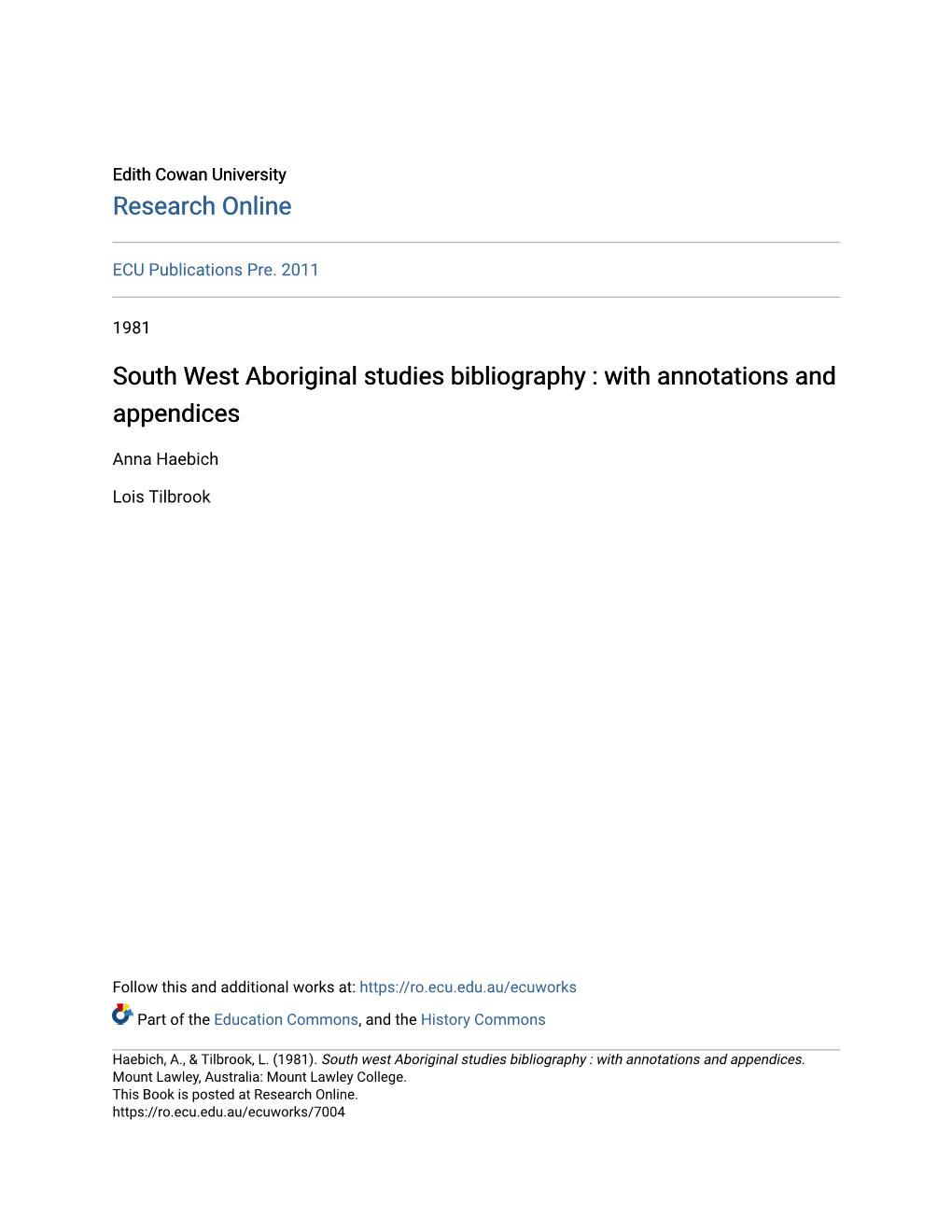 South West Aboriginal Studies Bibliography : with Annotations and Appendices