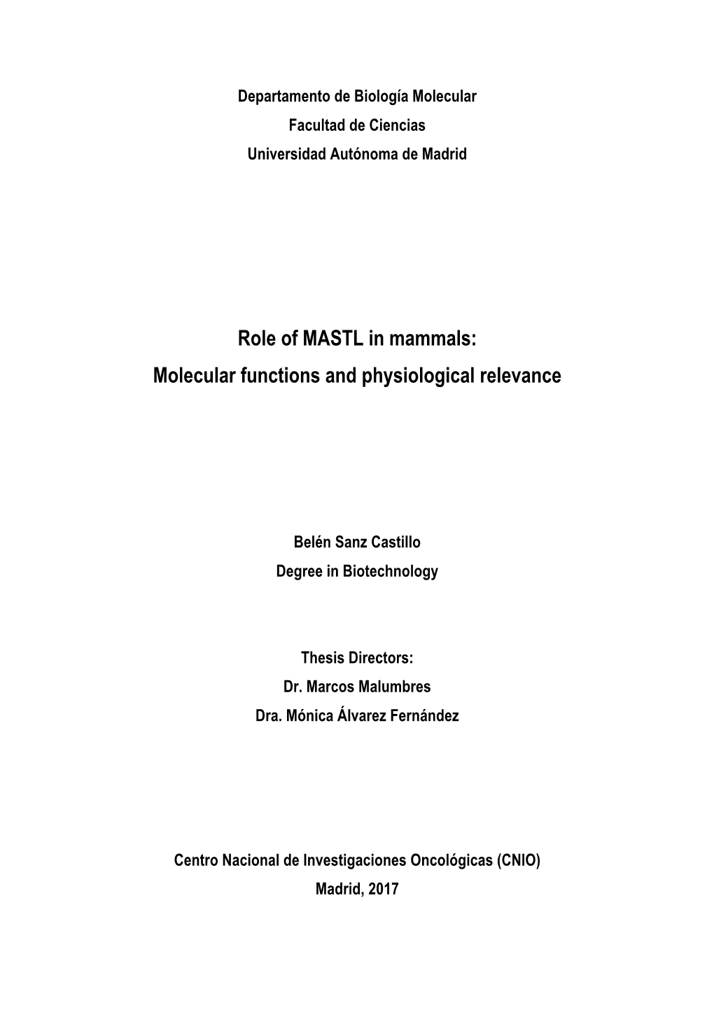 Role of MASTL in Mammals: Molecular Functions and Physiological Relevance