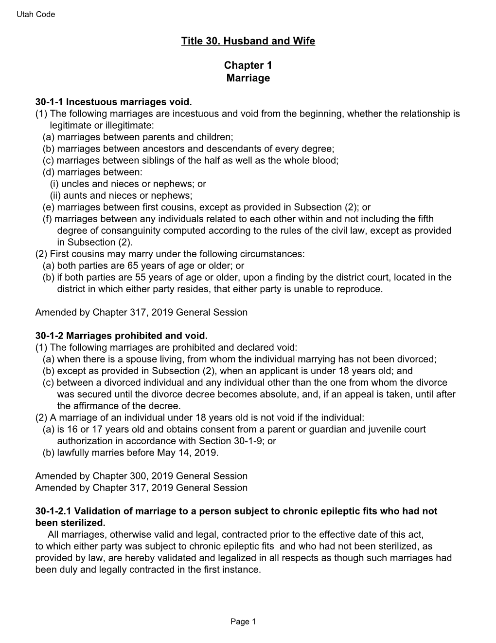 Title 30. Husband and Wife Chapter 1 Marriage