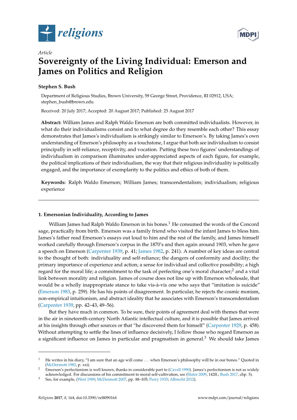 Sovereignty of the Living Individual: Emerson and James on Politics and Religion