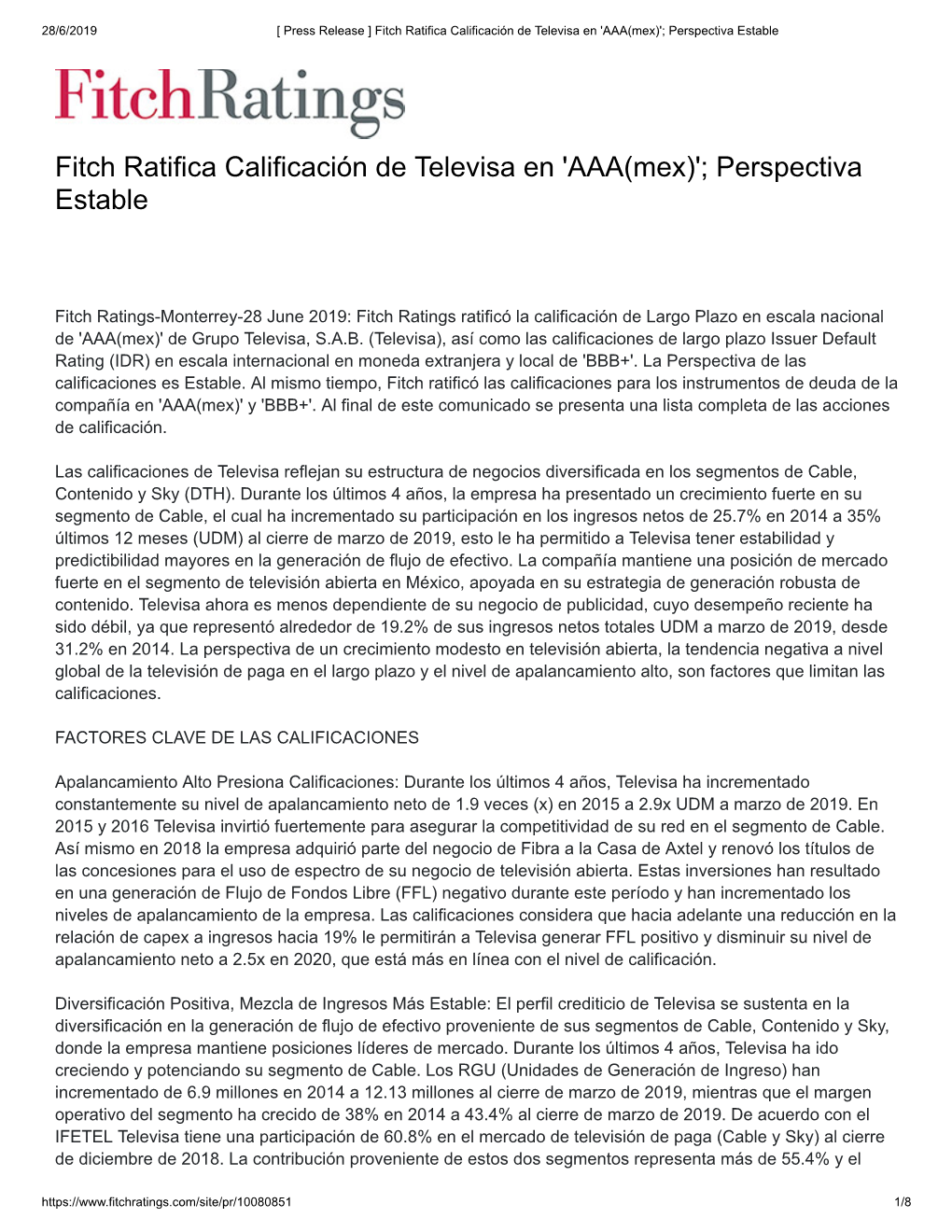 Fitch Ratifica Calificación De Televisa En 'AAA(Mex)'; Perspectiva Estable
