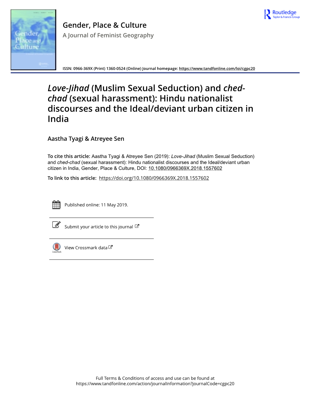 Love-Jihad (Muslim Sexual Seduction) and Ched- Chad (Sexual Harassment): Hindu Nationalist Discourses and the Ideal/Deviant Urban Citizen in India