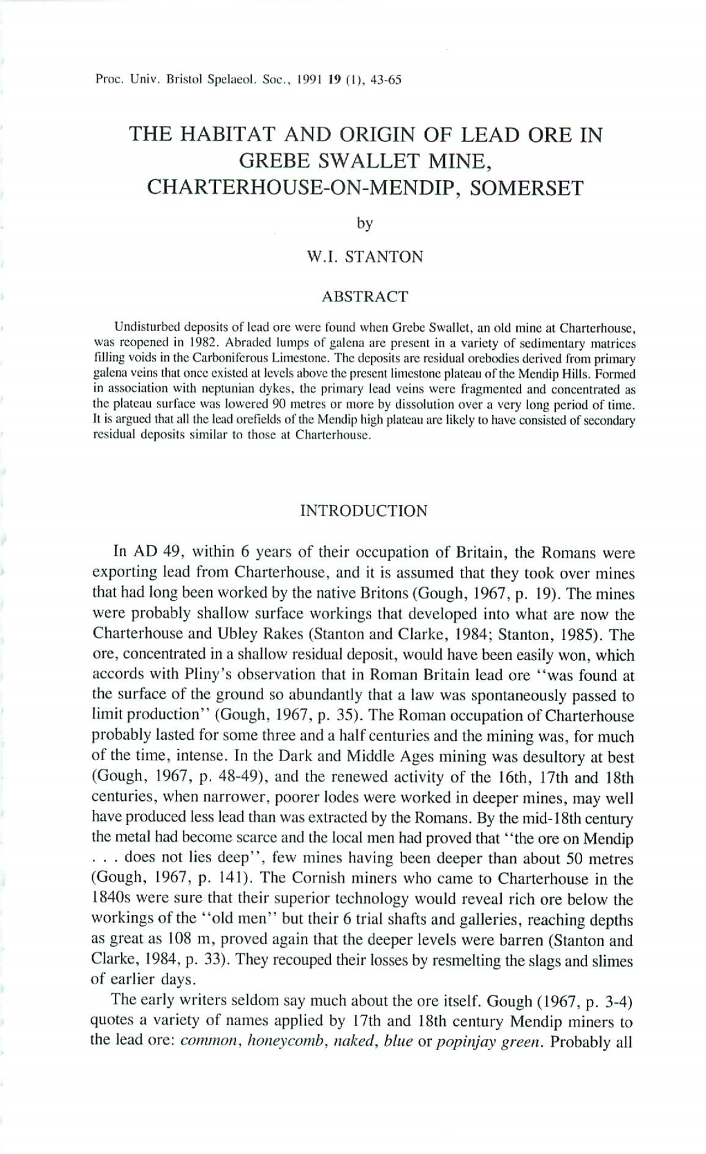 The Habitat and Origin of Lead Ore in Grebe Swallet Mine, Charterhouse-On-Mendip, Somerset