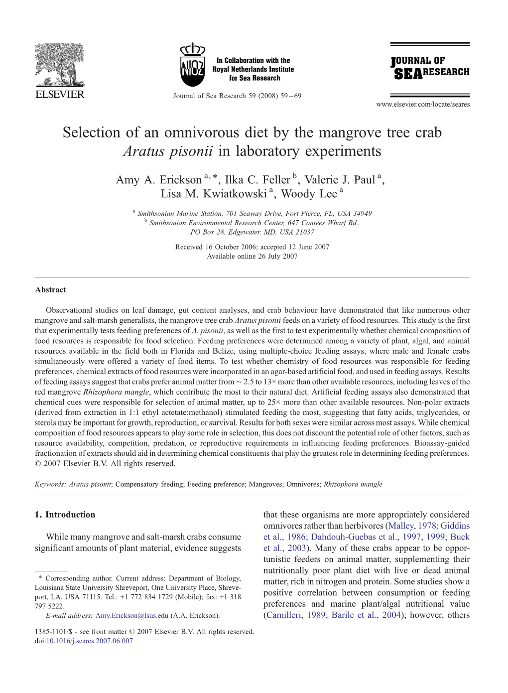 Selection of an Omnivorous Diet by the Mangrove Tree Crab Aratus Pisonii in Laboratory Experiments ⁎ Amy A