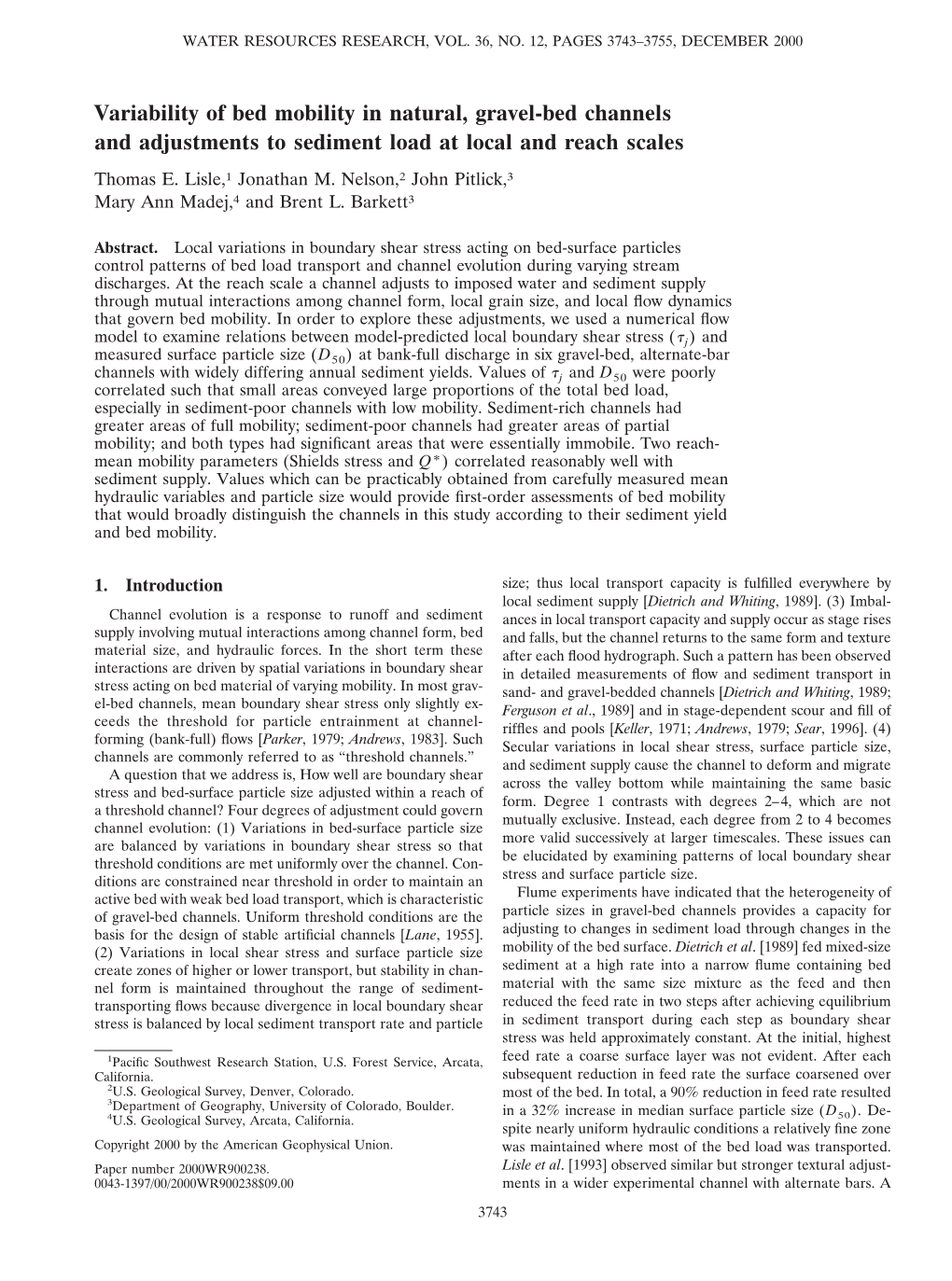 Variability of Bed Mobility in Natural Gravel-Bed Channels