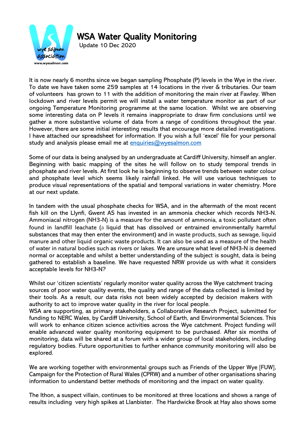 WSA Water Quality Monitoring Update 10 Dec 2020