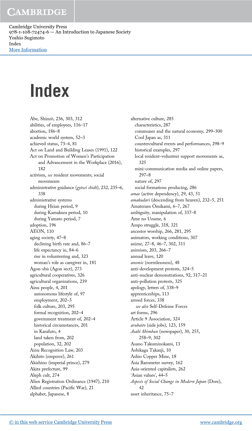 Cambridge University Press 978-1-108-72474-6 — an Introduction to Japanese Society Yoshio Sugimoto Index More Information