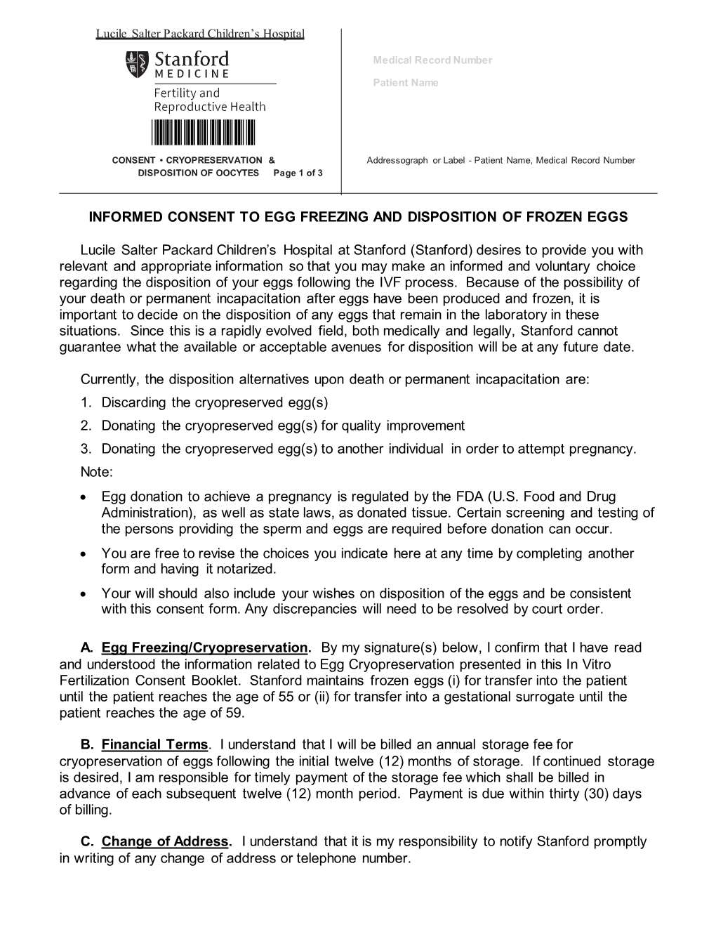 Egg Freezing and Disposition of Frozen Eggs Consent