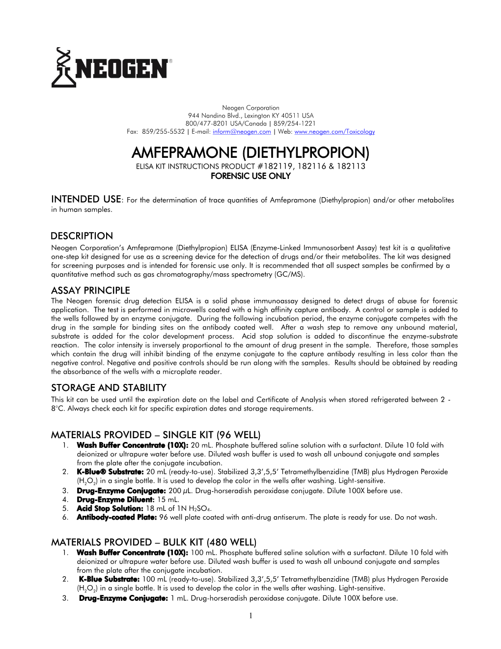 Amfepramone (Diethylpropion) Elisa Kit Instructions Product #182119, 182116 & 182113 Forensic Use Only