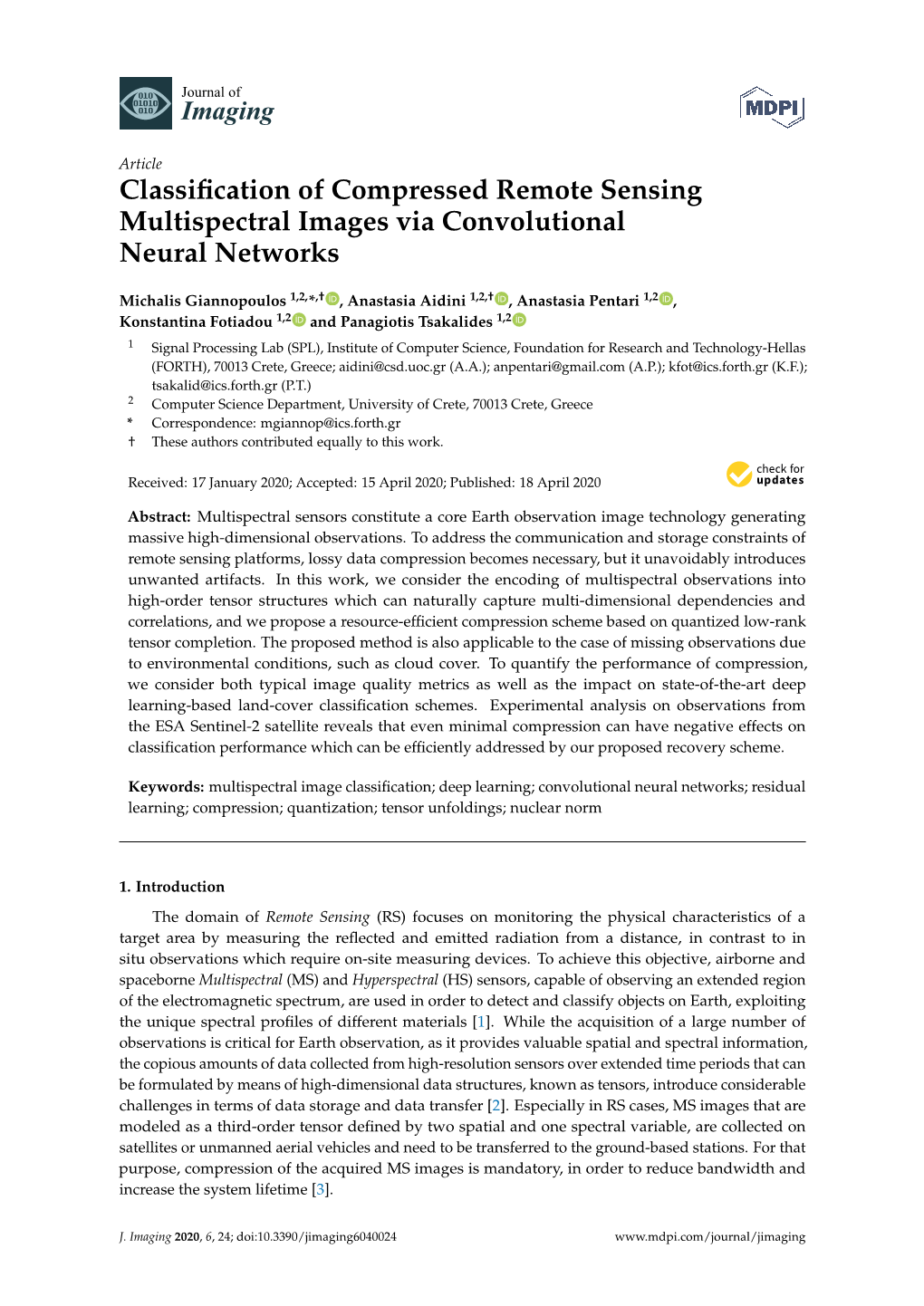 Classification of Compressed Remote Sensing Multispectral Images Via