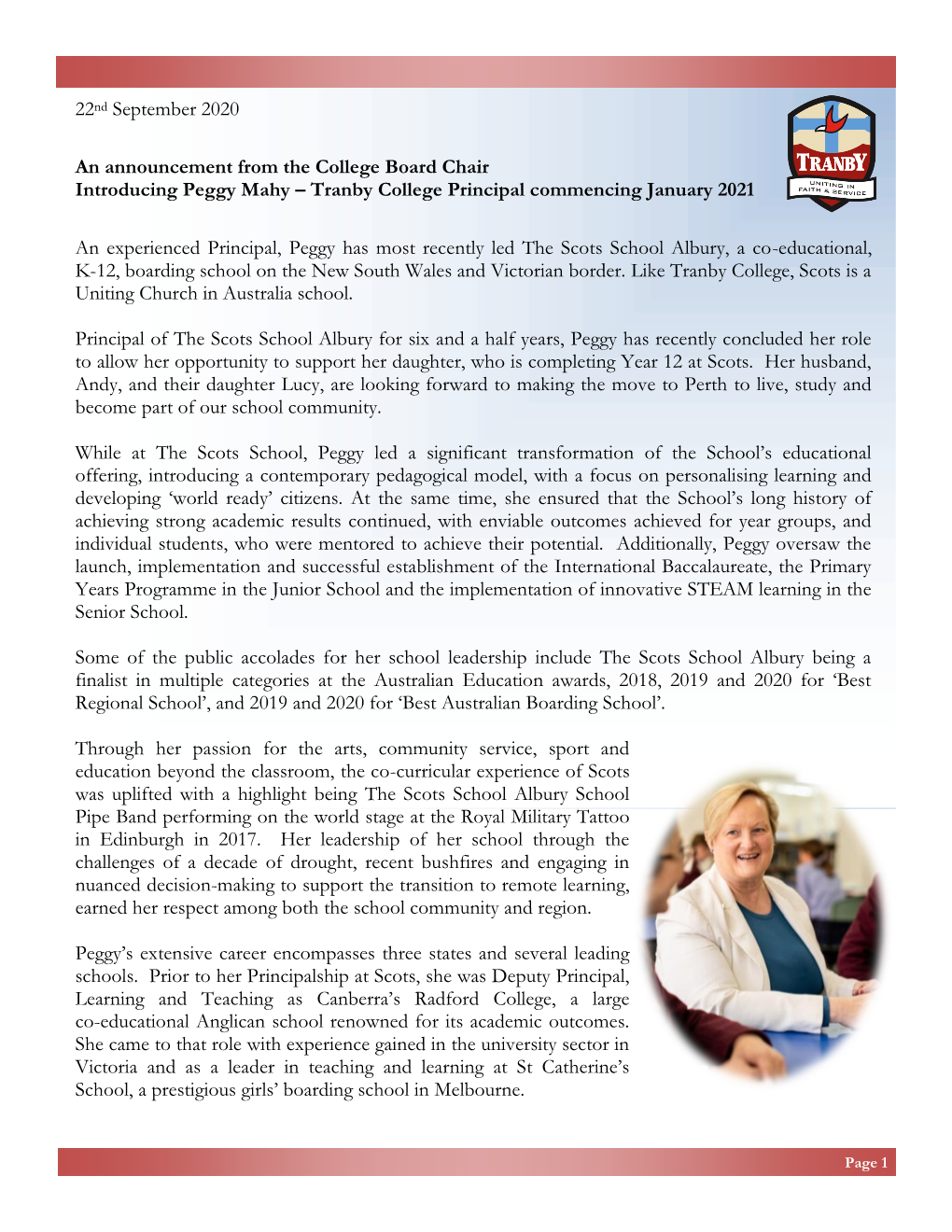 Peggy Mahy, Tranby College Principal Commencing January 2021
