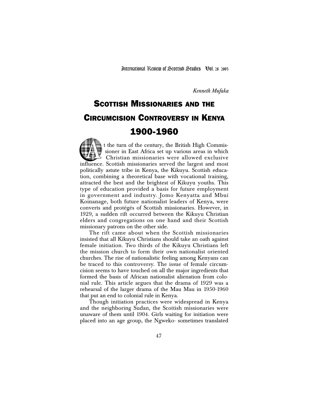 Scottish Missionaries and the Circumcision Controversy in Kenya 1900-1960