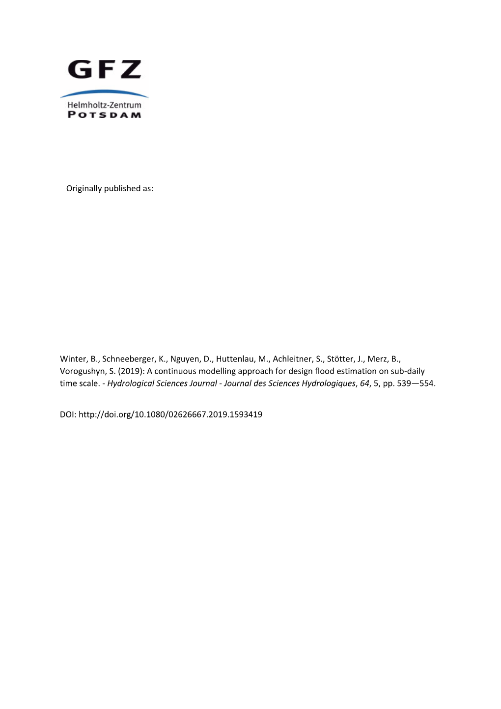 A Continuous Modelling Approach for Design Flood Estimation on Sub-Daily Time Scale