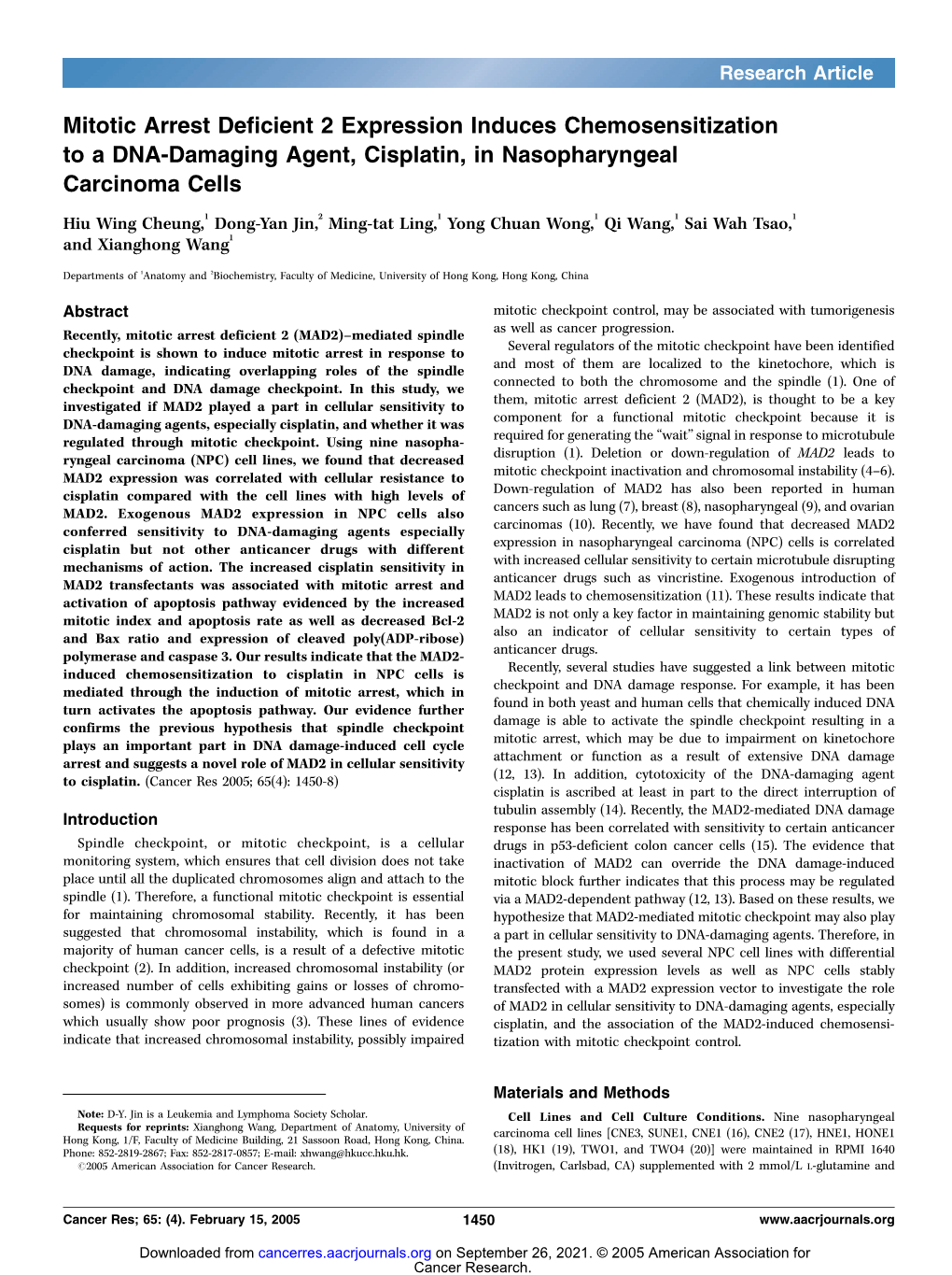 Mitotic Arrest Deficient 2 Expression Induces Chemosensitization to a DNA-Damaging Agent, Cisplatin, in Nasopharyngeal Carcinoma Cells