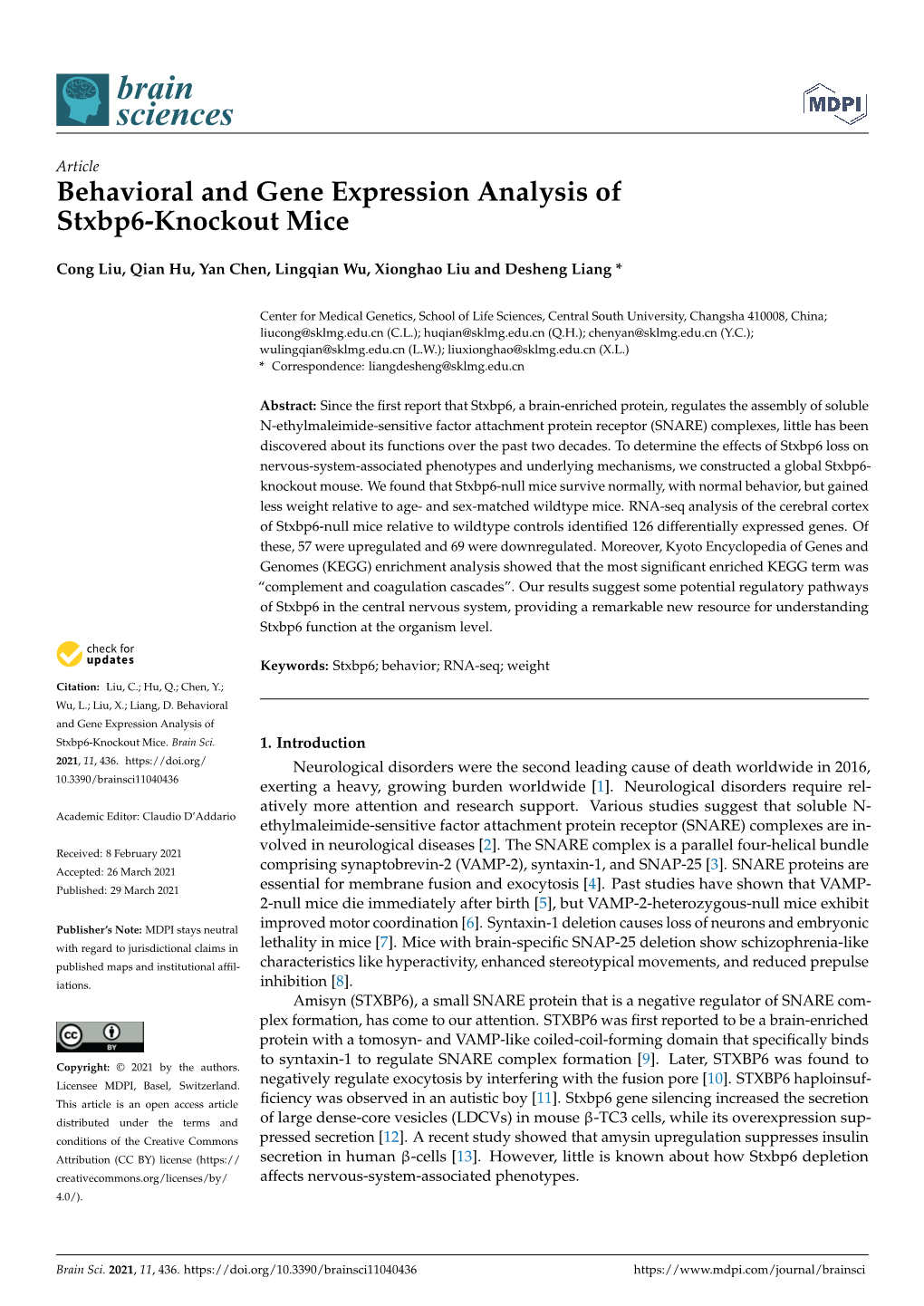Behavioral and Gene Expression Analysis of Stxbp6-Knockout Mice