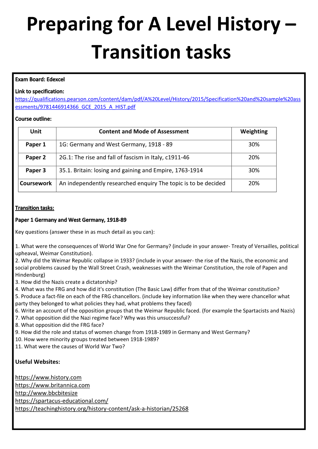 Preparing for a Level History – Transition Tasks