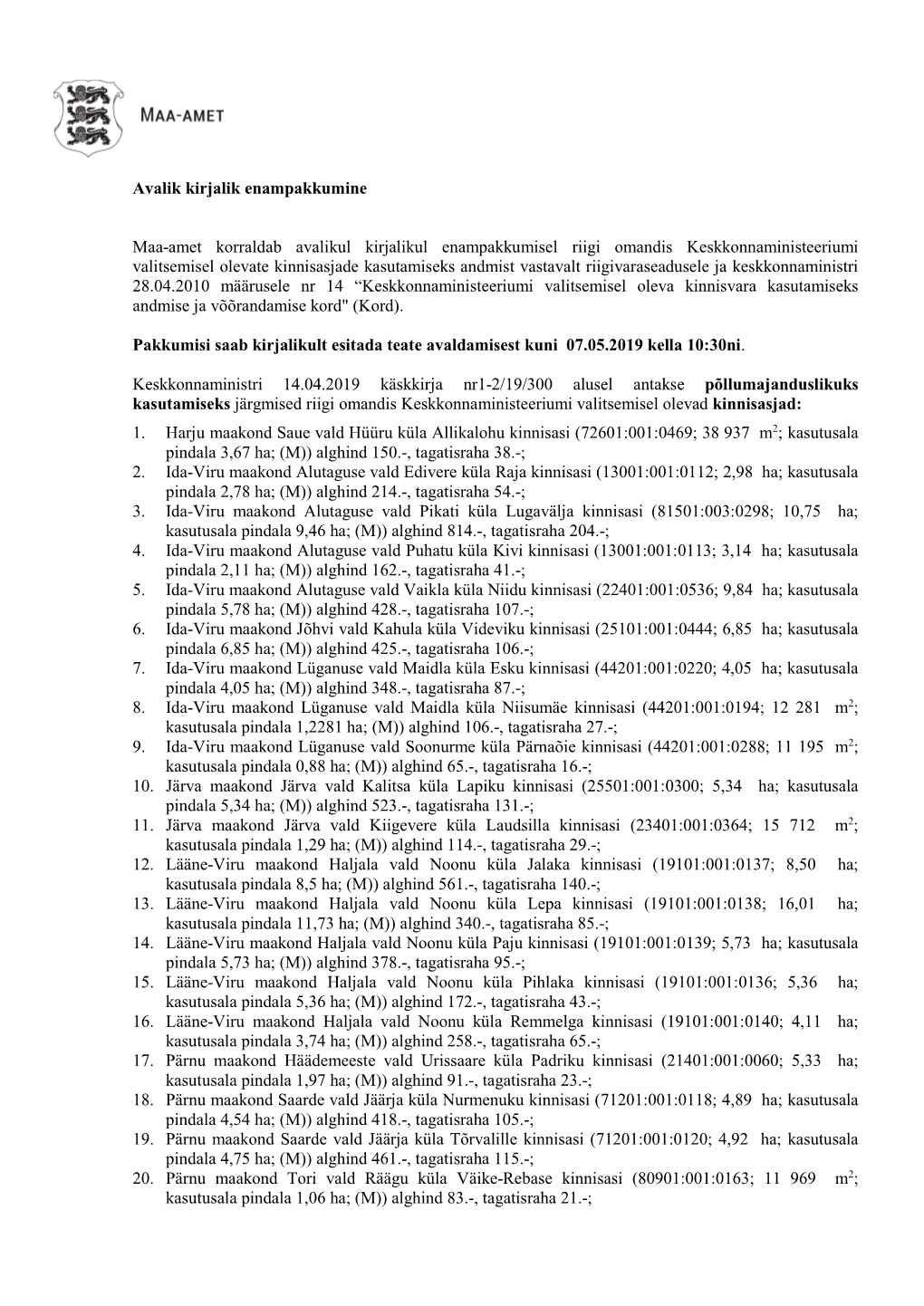 Avalik Kirjalik Enampakkumine Maa-Amet Korraldab Avalikul Kirjalikul Enampakkumisel Riigi Omandis Keskkonnaministeeriumi Valits