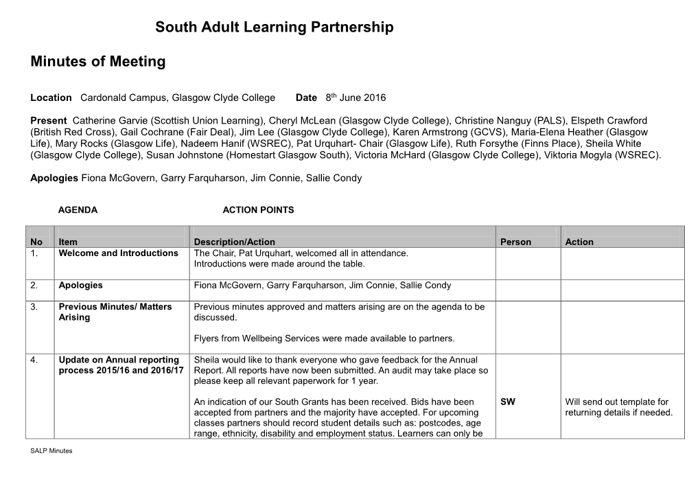 South Adult Learning Partnership Minutes of Meeting