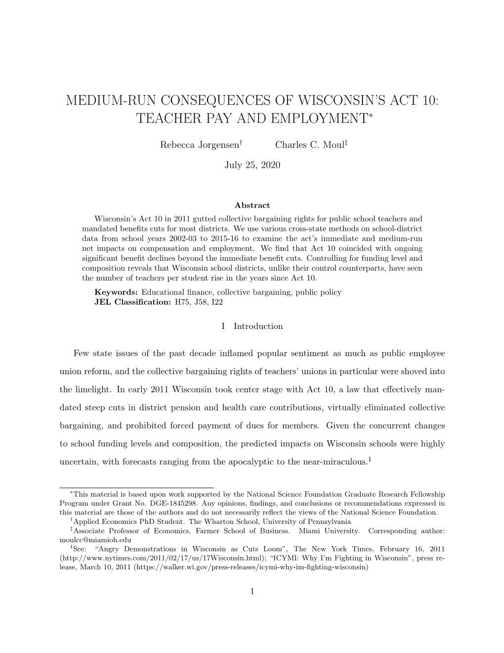 Medium-Run Consequences of Wisconsin's Act 10: Teacher