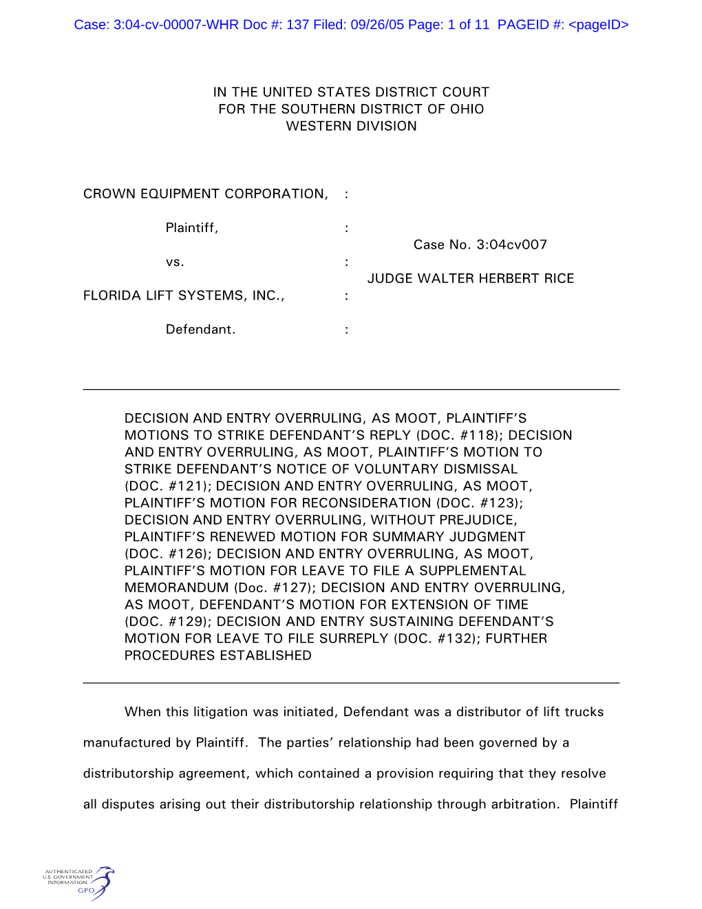 In the United States District Court for the Southern District of Ohio Western Division