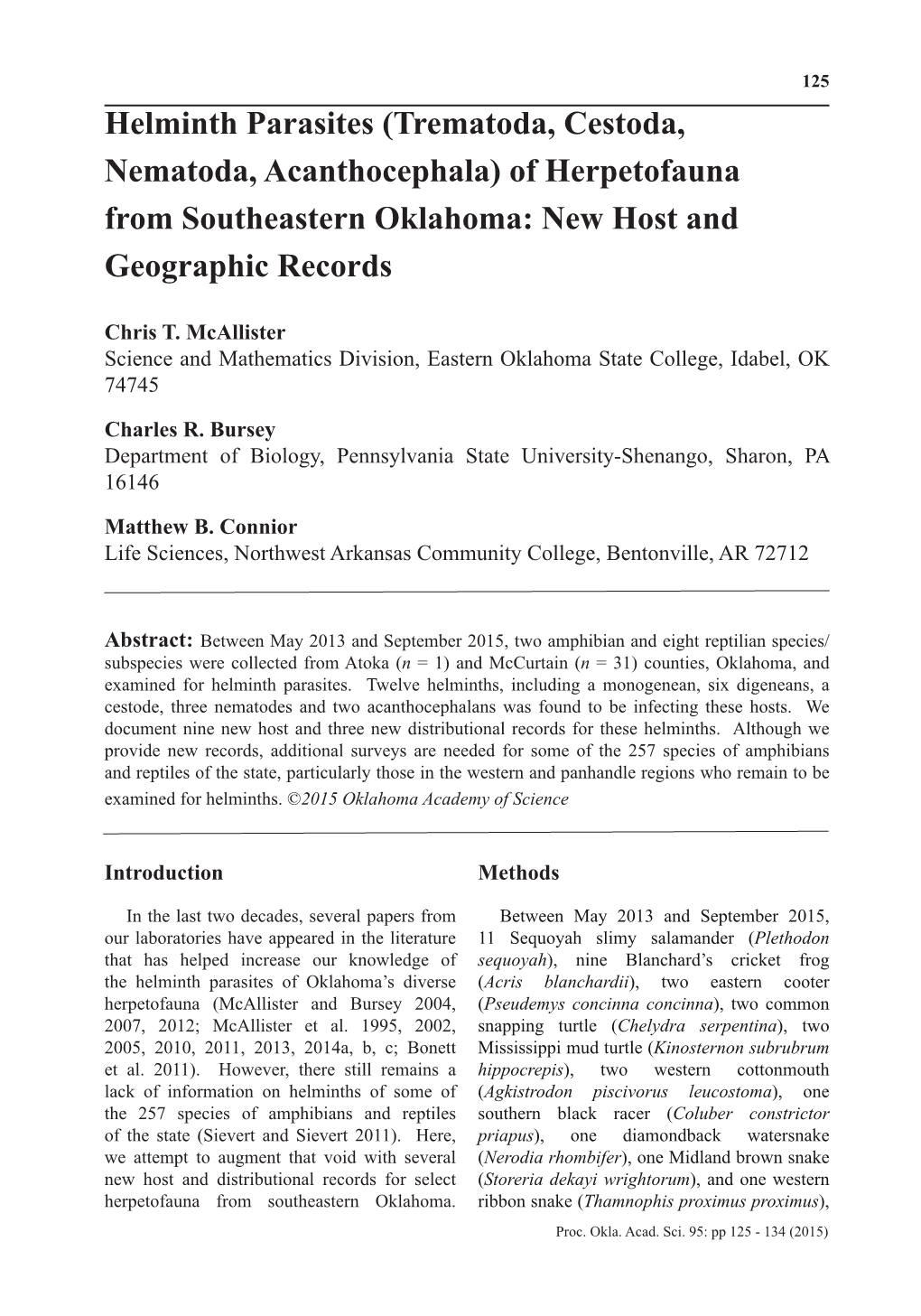 Helminth Parasites (Trematoda, Cestoda, Nematoda, Acanthocephala) of Herpetofauna from Southeastern Oklahoma: New Host and Geographic Records