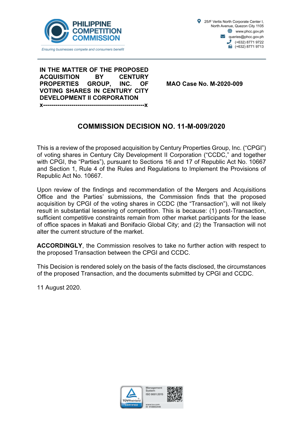 Commission Decision No. 11-M-009/2020