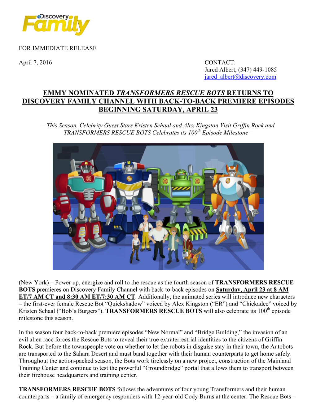 Emmy Nominated Transformers Rescue Bots Returns to Discovery Family Channel with Back-To-Back Premiere Episodes Beginning Saturday, April 23