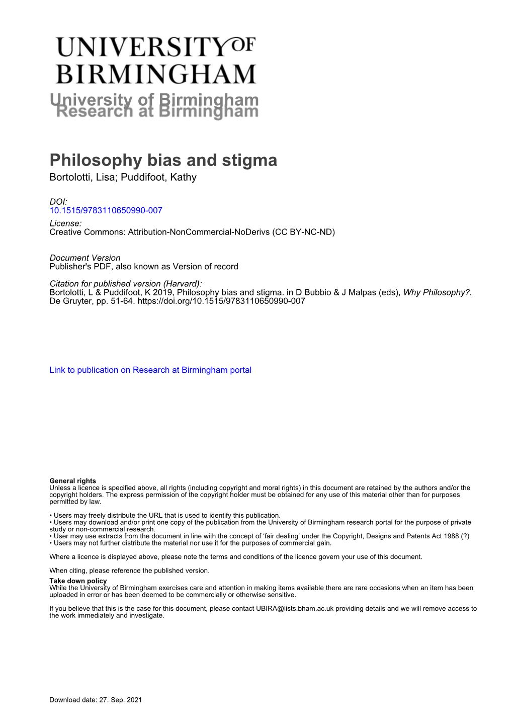 University of Birmingham Philosophy Bias