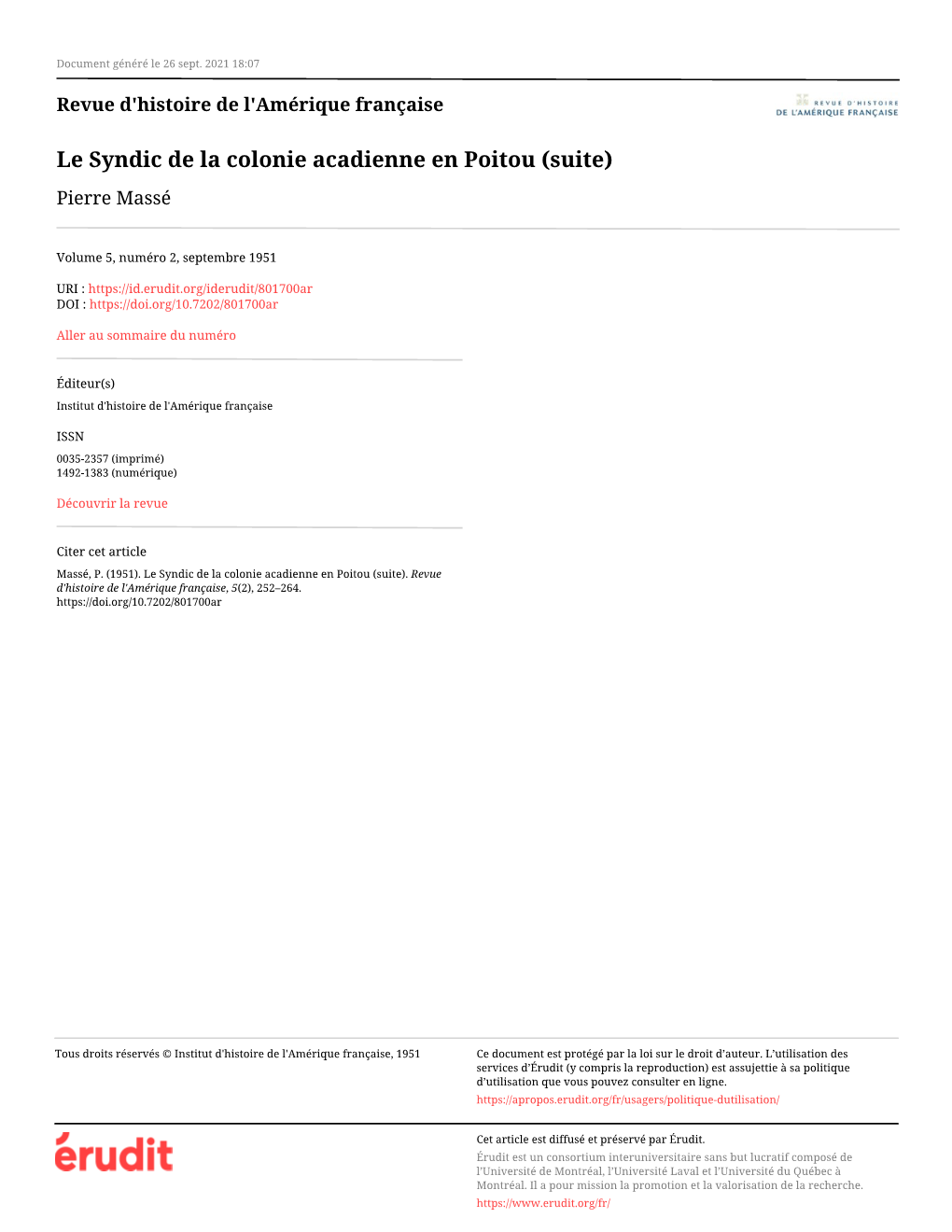 Le Syndic De La Colonie Acadienne En Poitou (Suite) Pierre Massé