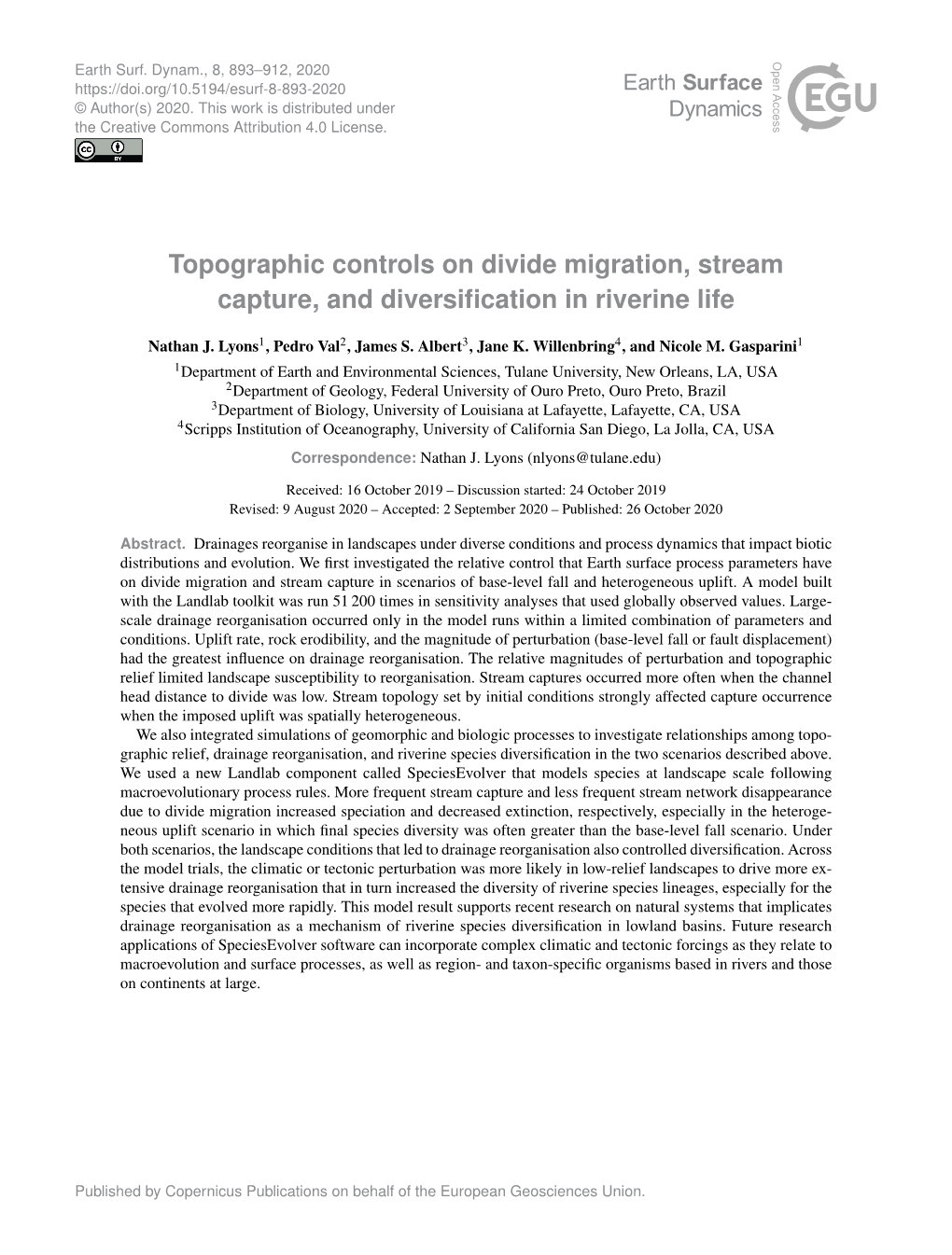 Topographic Controls on Divide Migration, Stream Capture, and Diversiﬁcation in Riverine Life