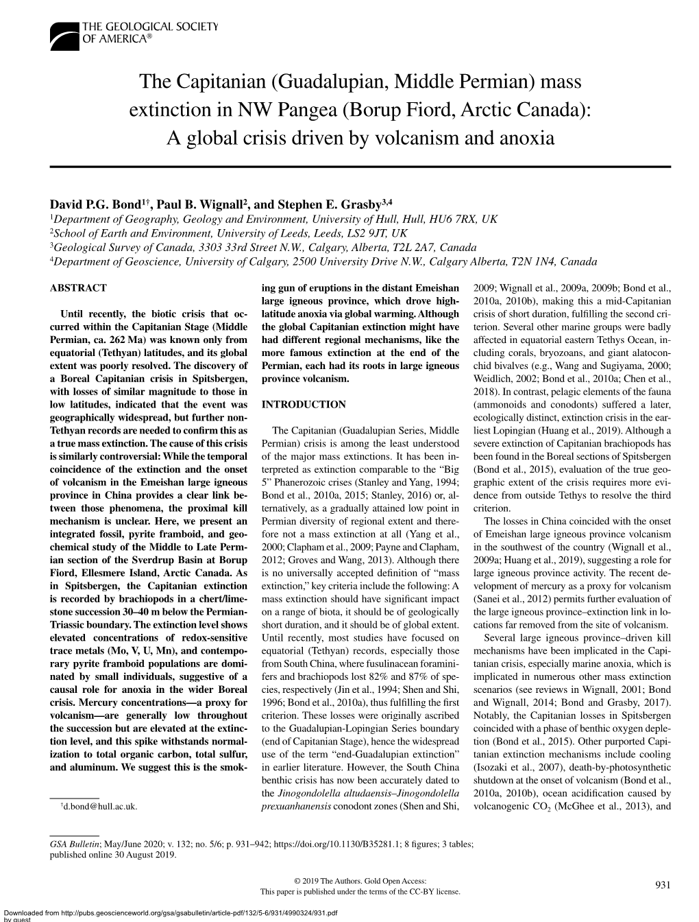 Guadalupian, Middle Permian) Mass Extinction in NW Pangea (Borup Fiord, Arctic Canada): a Global Crisis Driven by Volcanism and Anoxia