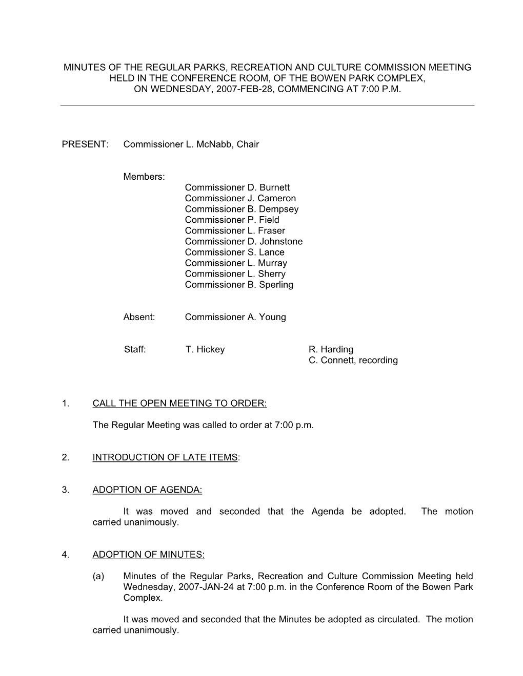 PRCC Minutes 2007-FEB-28 Parks, Recreation and Culture Commission