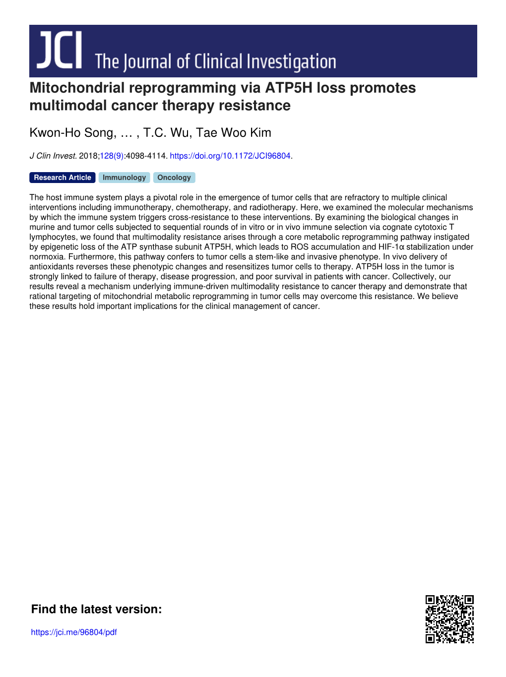 Mitochondrial Reprogramming Via ATP5H Loss Promotes Multimodal Cancer Therapy Resistance