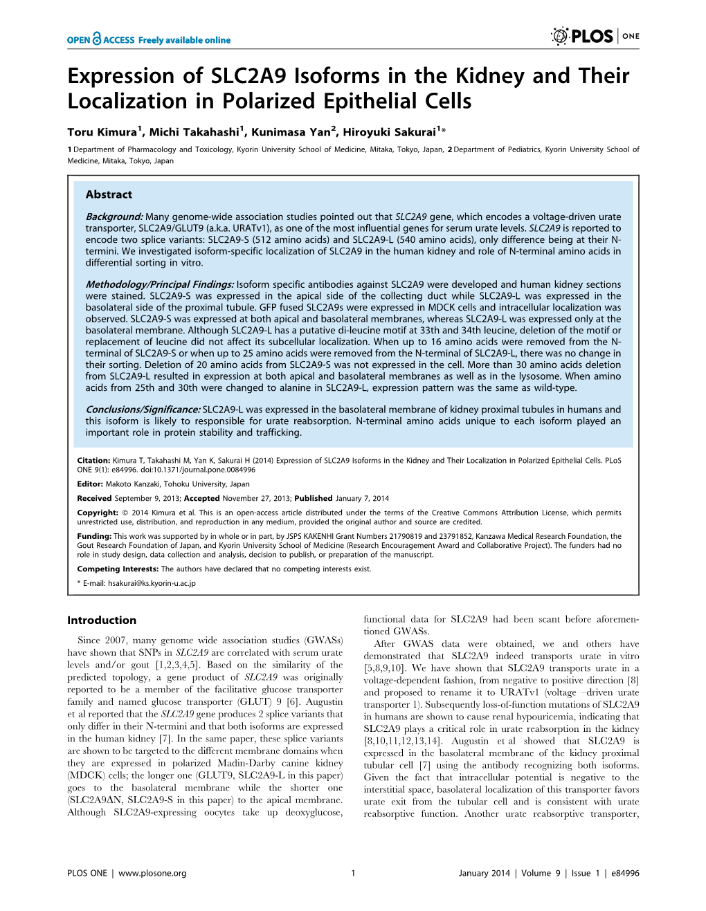 Expression of SLC2A9 Isoforms in the Kidney and Their Localization in Polarized Epithelial Cells